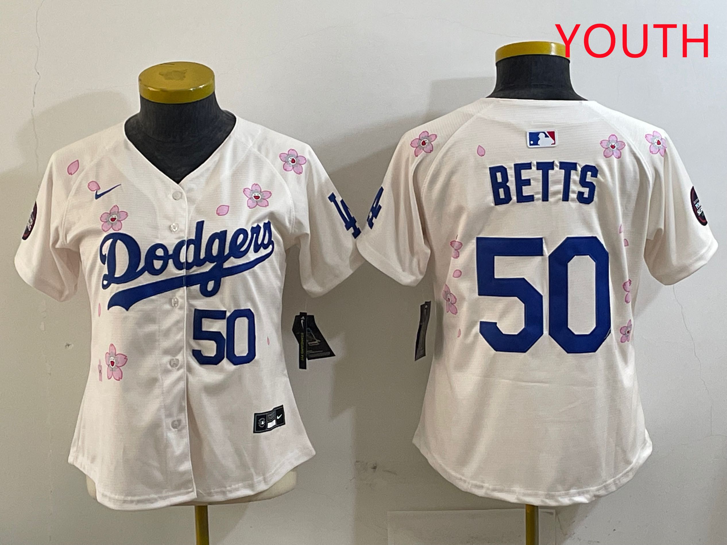 Youth Los Angeles Dodgers #50 Betts Cream Sakura Edition 2025 Nike MLB Jersey style 6->youth mlb jersey->Youth Jersey